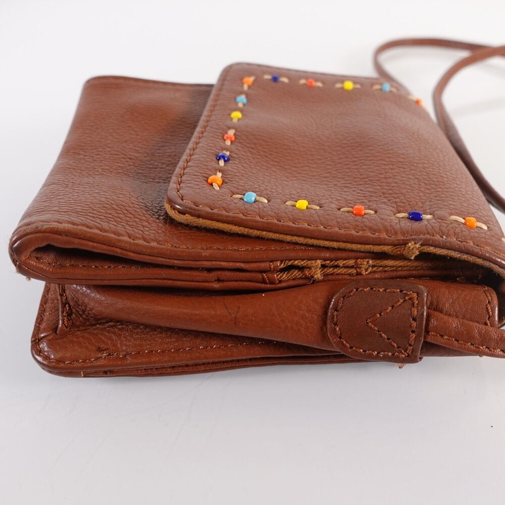 Vintage Fossil Crossbody Bag Small Brown Leather Multi Color Beaded Stitching - Picture 3 of 12
